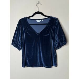 NWOT Candace Cameron Bure MIDNIGHT BLUE Velvet V-Neck Puff Sleeve Blouse Size S